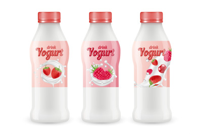 Drink yogurt realistic vector set. Bottles of berry yogurt isolated on