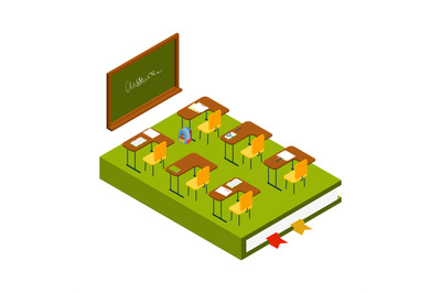 Isometric classroom vector. School room with chalkboard, class desks a