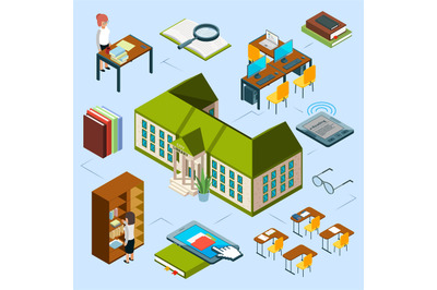 Isometric library vector concept. 3D public library building&2C; computer