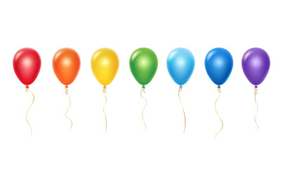Realistic rainbow balloons vector set. Balloons with ribbons isolated