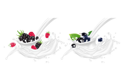 Realistic yogurt splashes with berries vector illustration