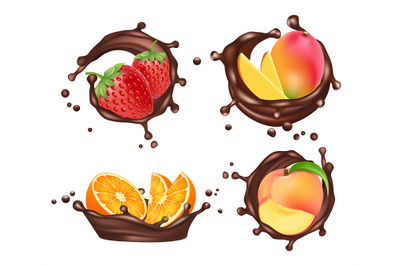 Chocolate splashes with fruits and berries. Vector realistic orange an