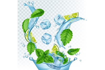 Fresh drink vector illustration. Realistic water, ice cubes, mint leav