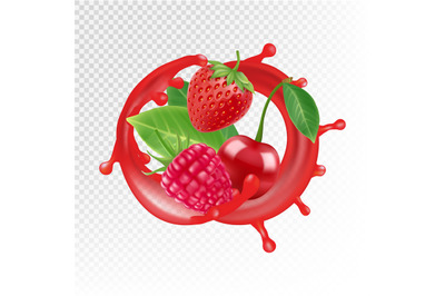 Garden and wild berries. Vector realistic juice splash, raspberry, str