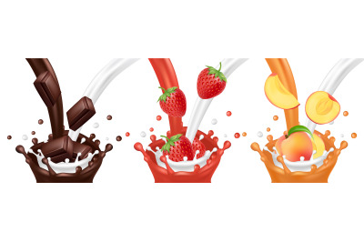 Milk, chocolate, fruit juice flows. Vector realistic splashes with str