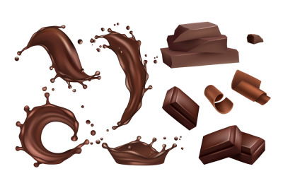 Realistic chocolate splashes, flows and bars vector isolated on white