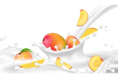 Realistic milk or yogurt flow with peach and mango vector background