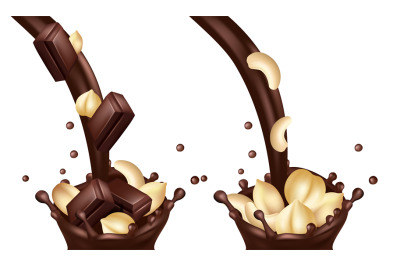 Vector realistic chocolate flows with nuts and bars