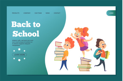 Back to school landing template. Web banner with vector cartoon studen