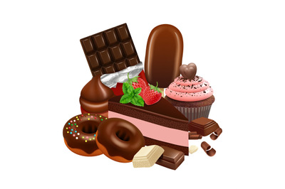 Chocolate desserts collection. Realistic cupcake, cake, glazed donuts,