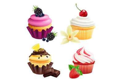 Cupcakes collection. Realistic muffins with cream, fruits, vanilla, ch