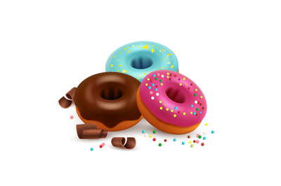 Glazed donuts with colorful bonbons and chocolate vector isolated on w