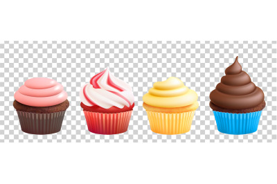 Realistic cupcakes with cream. Vector muffins isolated on transparent