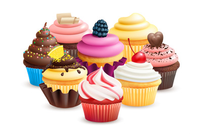 Realistic cupcakes with fruits, cream, chocolate, cherry vector illust