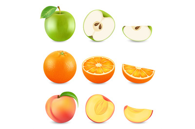 Realistic cut fruits isolated on white background. Vector apple, orang