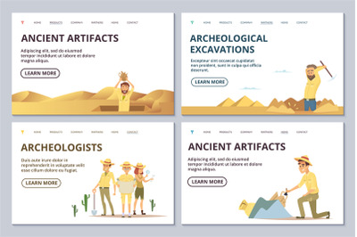 Archeologists landing page templates. Cartoon archaeologists explore a