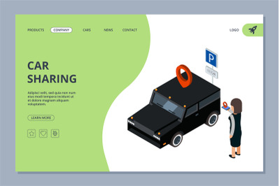 Car sharing landing page. Woman finds car with mobile app vector isome