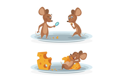 Cartoon mice on cheese plate vector illustration. Mouse with cheese is