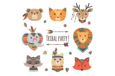 Cartoon tribal animal heads isolated on white background. Vector lama&2C;