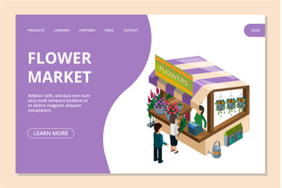 Flower market landing page template. Isometric flowers, counter, peopl