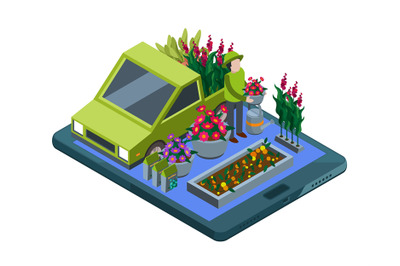 Flowers and plants online. Isometric flowers shop and plant delivery v