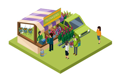 Flowers market isometric vector concept. Sale of flowers and fertilize