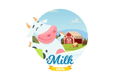 Fresh farm milk vector banner with cartoon character happy cow