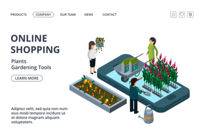 Gardening tools, plants and flowers online shop. Vector isometric onli