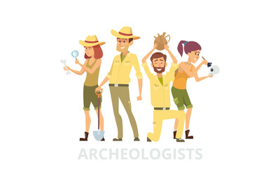 Group of archeologists isolated on white background. Vector archaelogi