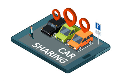 Isometric car sharing vector concept. Mobile app parking with cars and