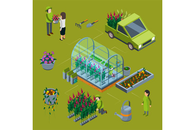 Isometric flower farm vector concept. Floristic 3D illustration