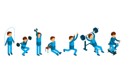 Isometric man doing sport exercises. Male fitness and gym characters i