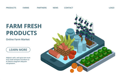 Online farm products web page template. Vector isometric organic green