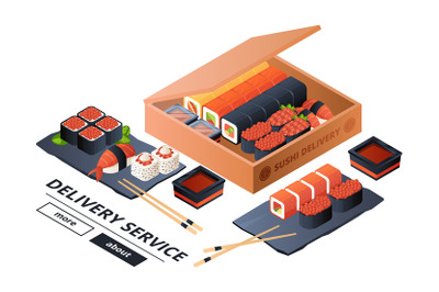 Sushi delivery service vector banner template. Isometric sushi&2C; asian