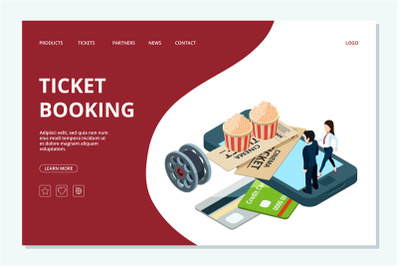 Cinema ticket booking web page template. Vector isometric cinema landi