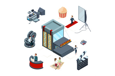 Isometric cinema vector concept. Film production 3D illustration