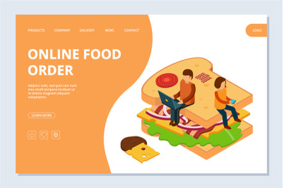 Online food order landing page template. Vector isometric sandwich and