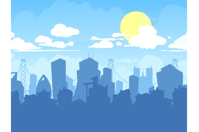 City landscape. Cloudy urban flat vector background with silhouettes o