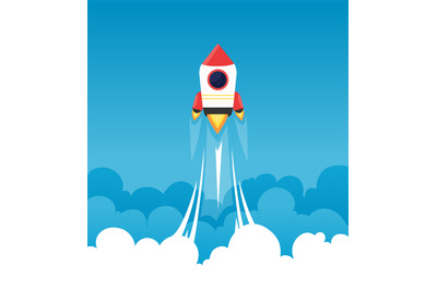 Startup background. Rocket in cloudy fluffy sky goes to the moon busin