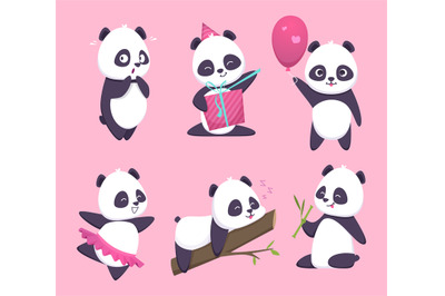 Panda. Bear cute funny animal character in forest vector cartoon colle