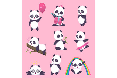 Panda kids. Little funny bear sweet animals in action poses vector car