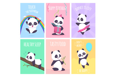 Panda cards. Cute little bear animals cover placard vector templates c