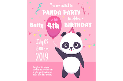 Kids party invitation. Panda characters greeting cards with cute littl