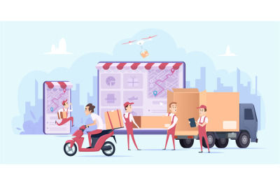 Online delivery. Fast digital shopping and urban courier transport ser