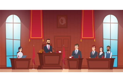 Court room. Judge in courtroom police officer characters of jury insid