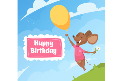 Birthday invitation card. Funny little characters mouse celebration ki