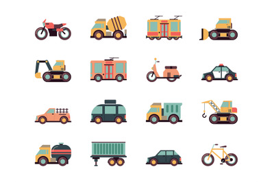 Transport flat icons. Urban vehicles cars buses airplane fuel transpor