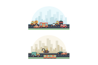 Urban vehicles. Buildings and different fuel machines on road colored