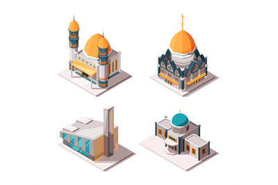 Religion buildings. Muslim mosque lutheran church christian and cathol