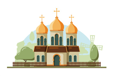 Religion building. Christian traditional church with bell vector flat